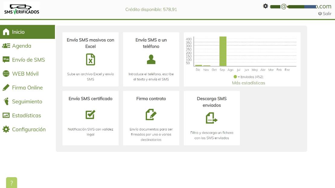 Panel de control del web SMSVERIFICADOS.net para envío de SMS