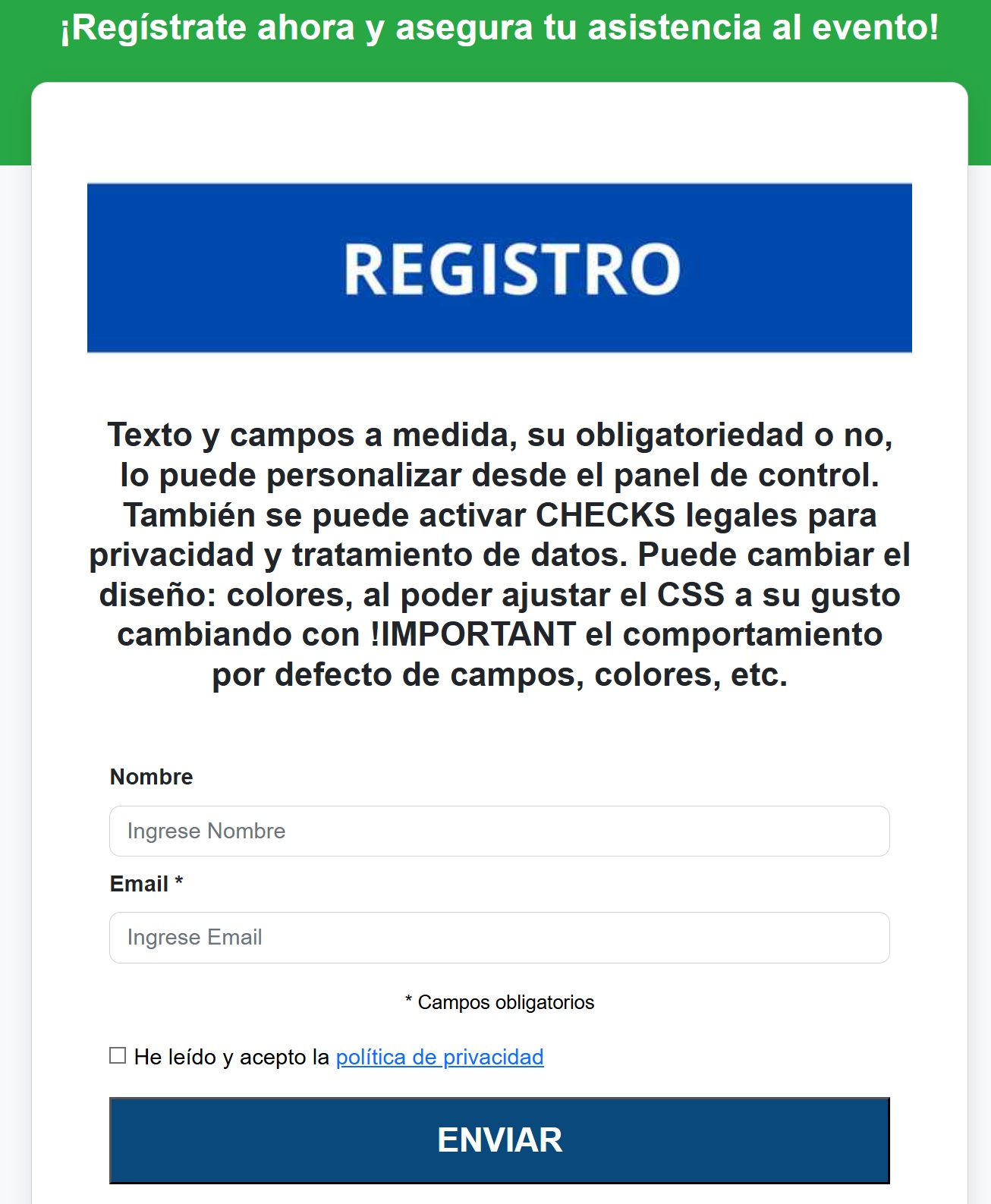 Test de registro gratis en un evento ficticio, para que puedas probar ese ejemplo simple y decidir si aplicarlo en tu evento real con tus propios campos o solicitarnos ajustes a medida